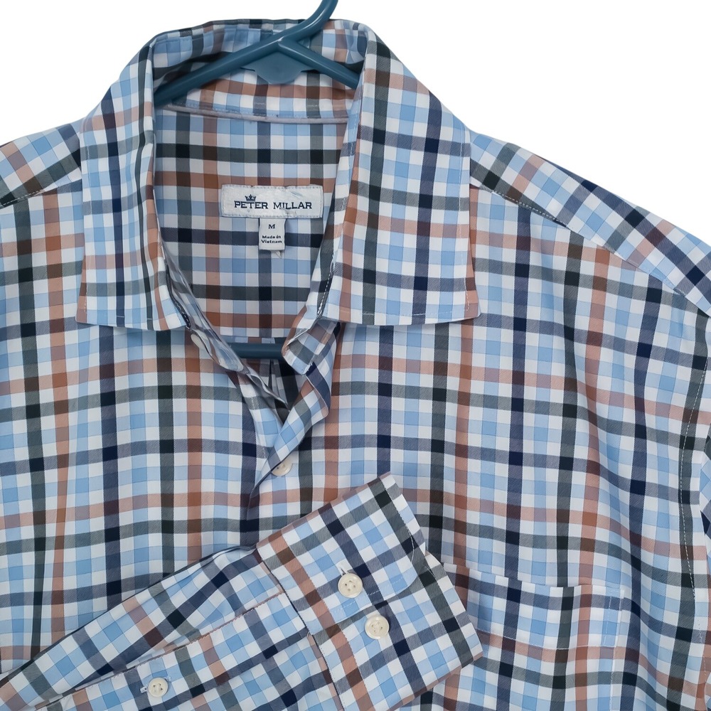 Peter Millar Button-Down Mens M Blue Brown Plaid Long Sleeve 100% Cotton Shirt